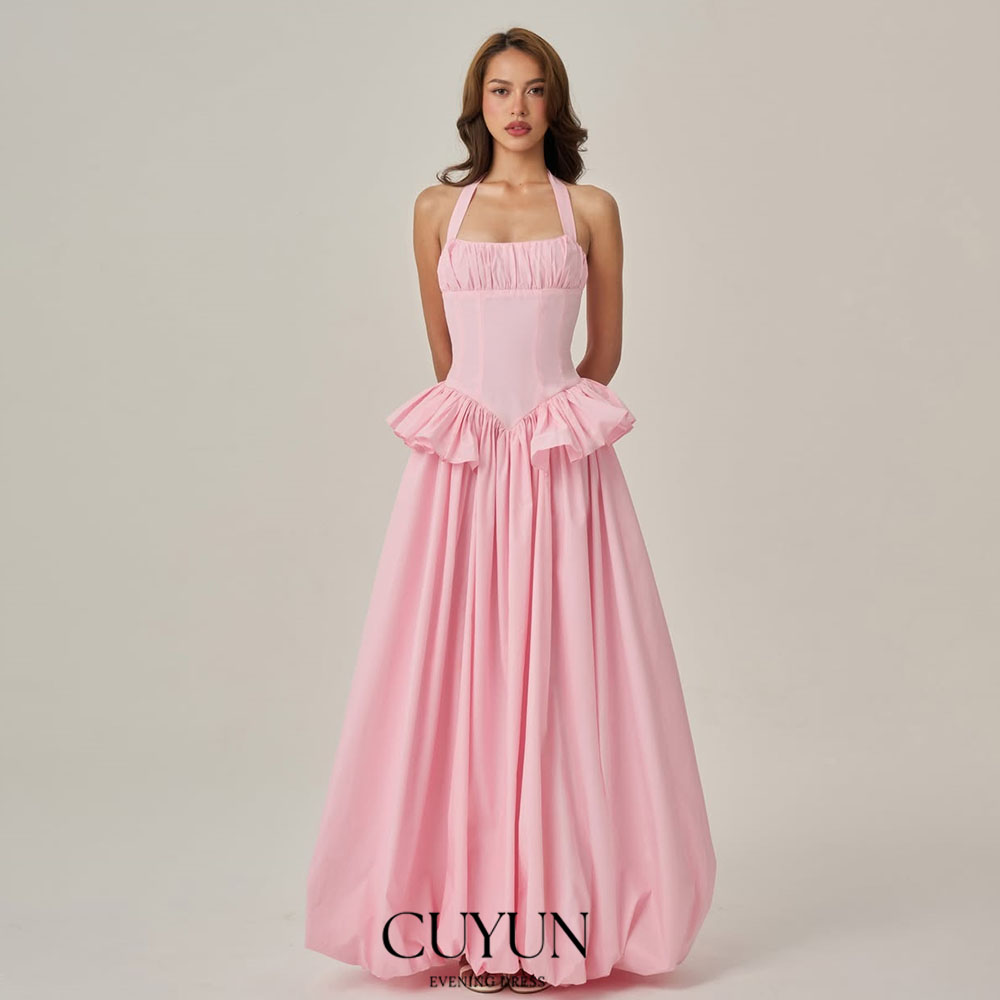 Women'S Semi Formal Evening Wear - CUYUN カスタマイズされた女性用サマードレス バケーション用 ホルターネック Aライン フリル付きロングプロムドレス
