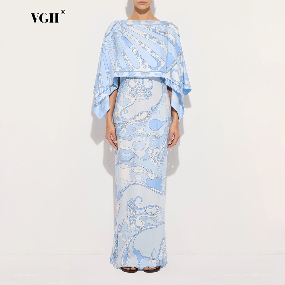 Formal Women'S Wear - VGH ライトブルーの抽象柄プリントツーピースセット、女性用ボディコンドレススーツ、ボートネック、ゆったりデザインのケープ付き、結婚式のゲストやガラに最適