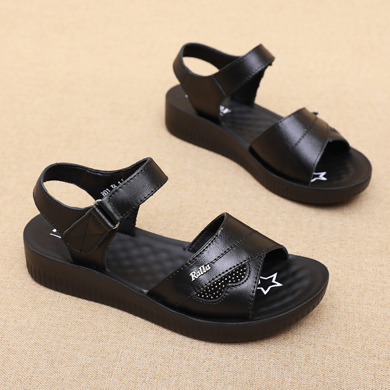 Formal Women Daily Wear Sandals - 黒革のTストラップピープトゥサンダル、チャンキーヒールと調節可能なバックル付き、女性用、快適なフォーマルワークや普段着に最適