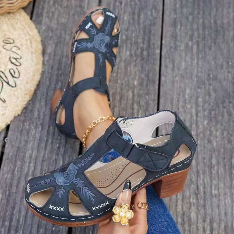 Formal Women Daily Wear Sandals - 女性用サンダル ミッドブロックヒール 花柄刺繍 カットアウト オープントゥ 調節可能なストラップ