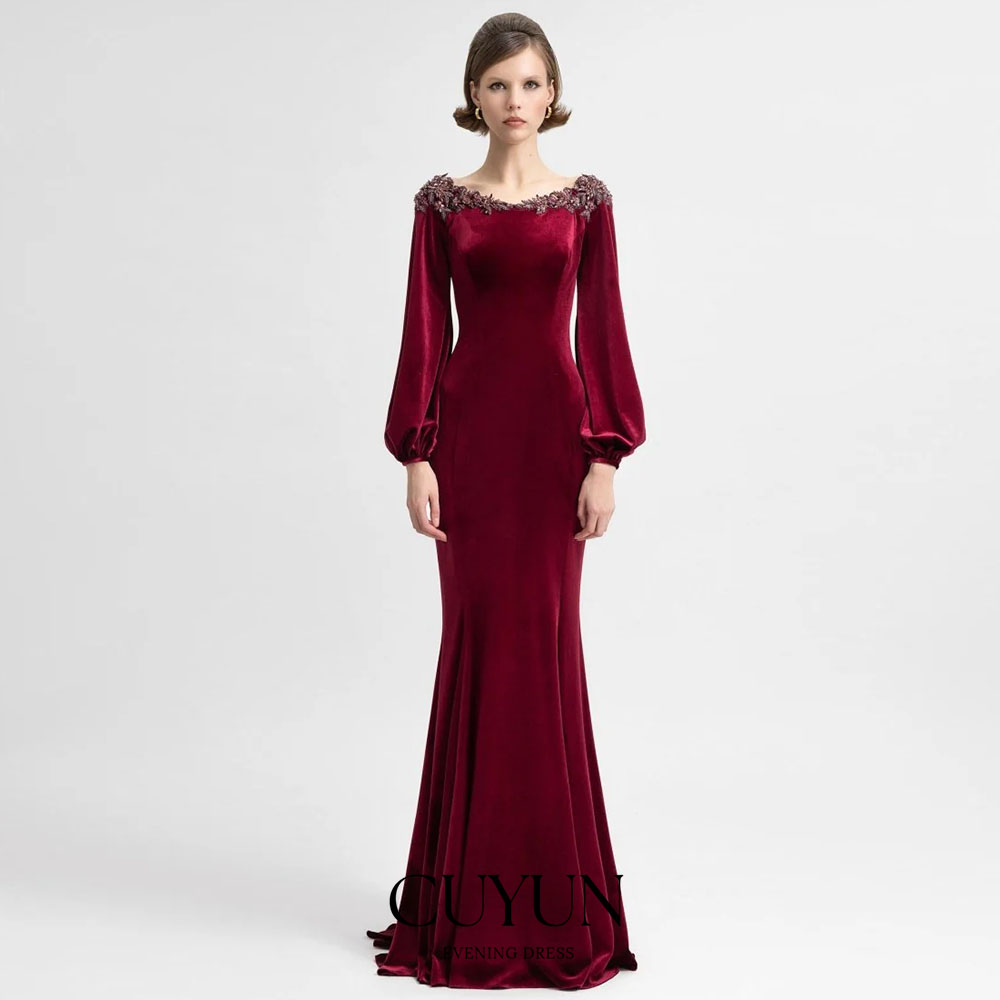 Women'S Semi Formal Evening Wear - CUYUN カスタムメイド セミマーメイド バーガンディ イブニングドレス ベルベット