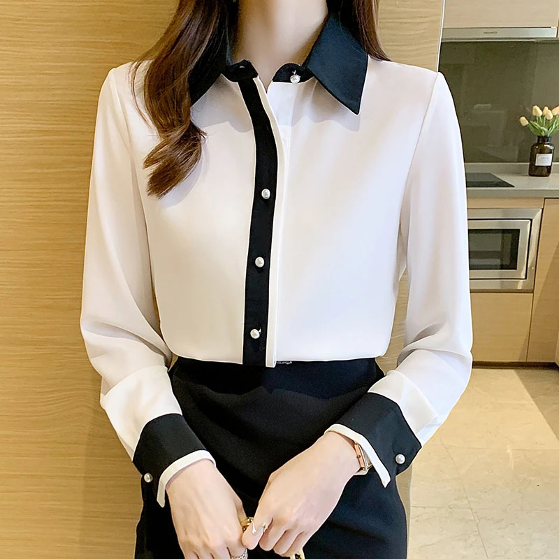 Women'S Formal Wear Suits - 女性用ホワイトシフォンシャツ韓国シックなシングルブレストコントラストラペルオフィスレディシャツカジュアルオールマッチ職業ブラウス