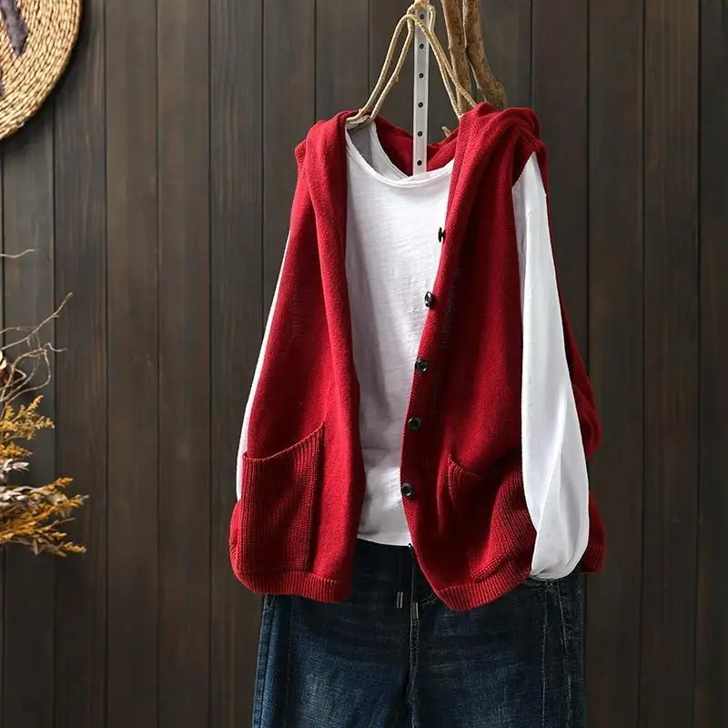 Women'S Formal Wear Cardigan - チョッキ赤カーディガン女性のニットベストフード付き女性セータールーズ若々しい服フォーマルトップス 2024 仕事に着用美的