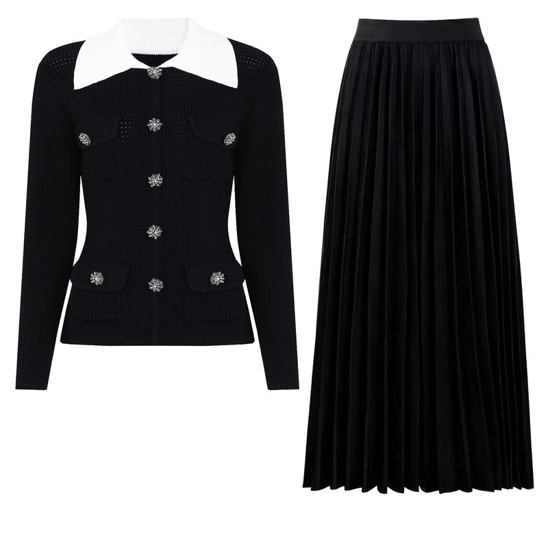 Women'S Formal Wear Cardigan - 女性用2ピースセットアップ エレガントなコントラストカラーのニットカーディガン トップス ハイウエストプリーツミディスカートセット フォーマル パーティー