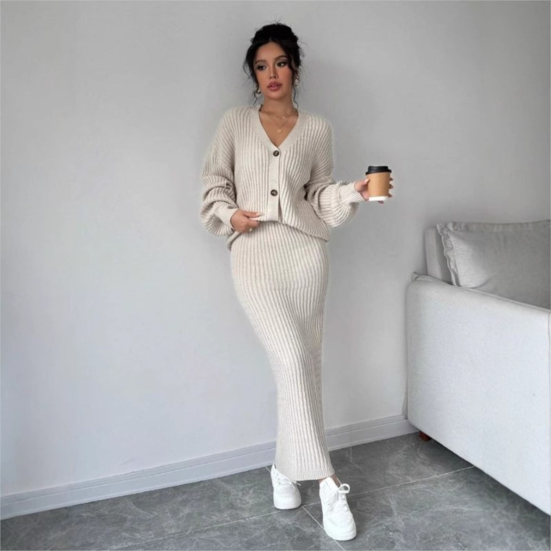Women'S Formal Wear Cardigan - レディースニットセーターロングスカートツーピースセットカジュアルウェア新作セーターコートパッケージヒップスカート冬2025カーディガンセーター