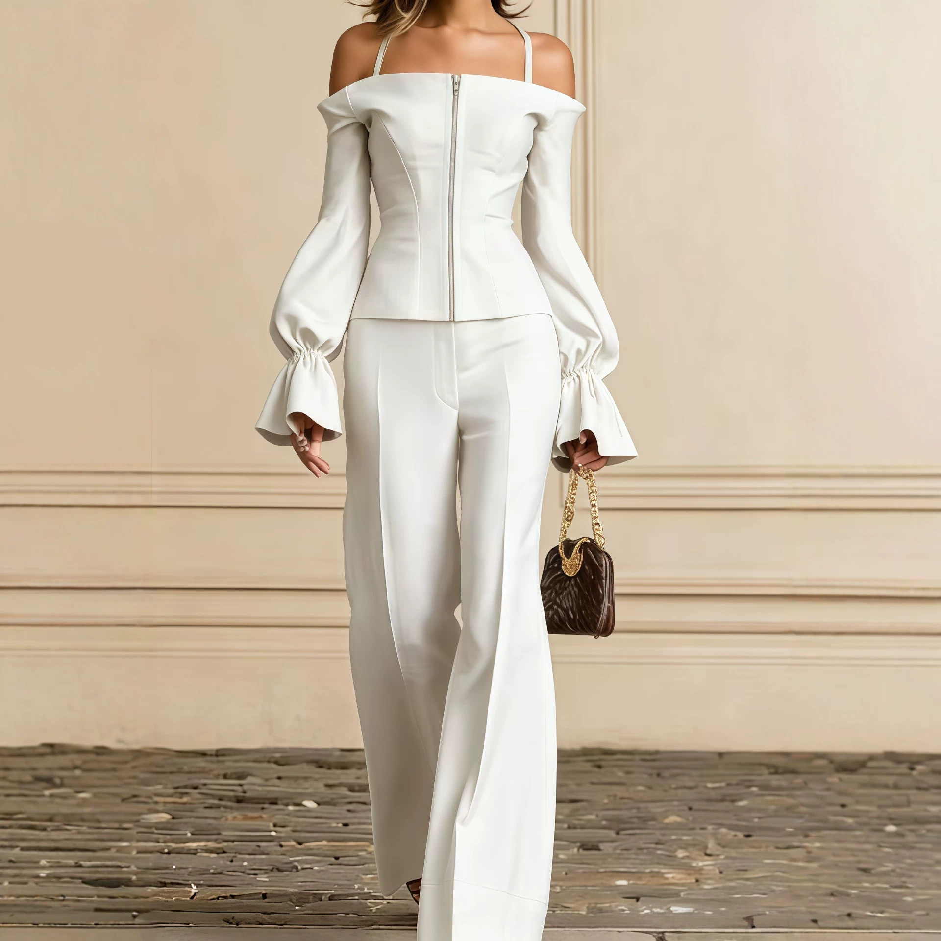 Women'S Formal Wear Suits - 2ピースパンツセット レディース 無地 スパゲッティストラップ ランタンスリーブ ジップ