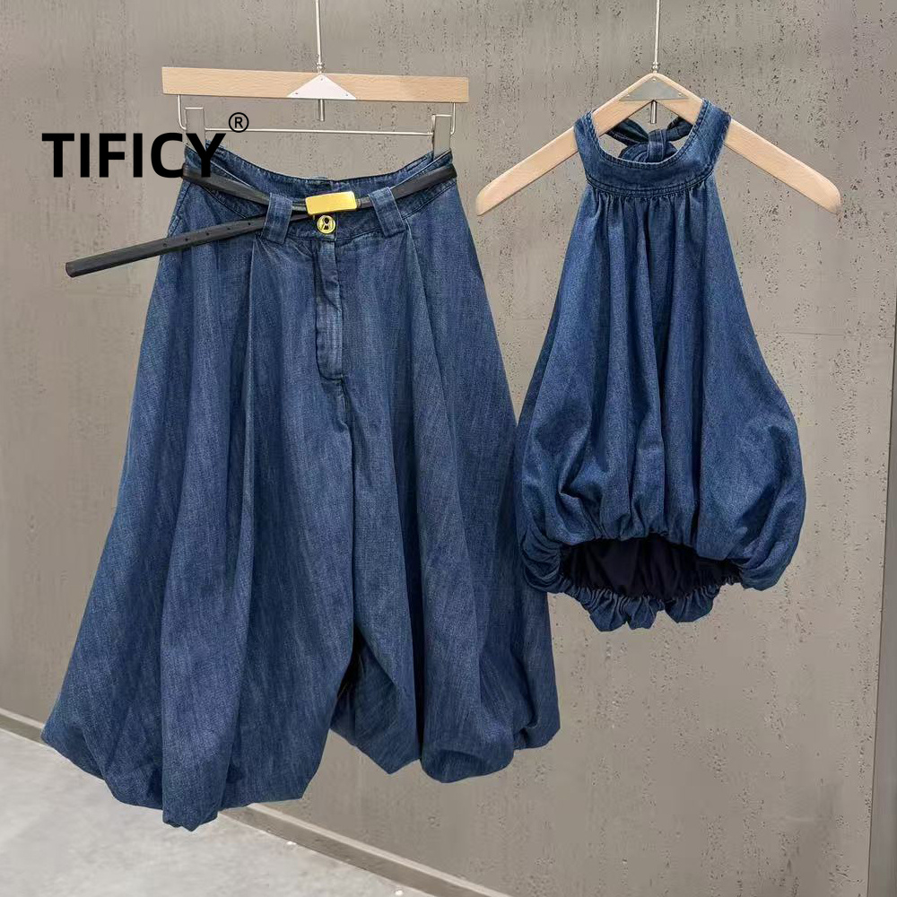 Women'S Formal Wear Suits - ハイストリートジーンズ2点セット レディース新作 ハンギングネック バックレスタンクトップ + フラワーバッド