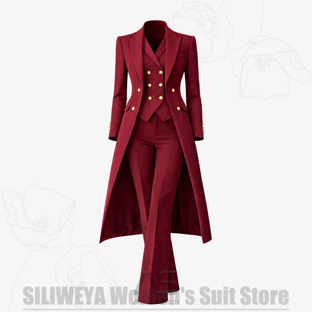Women'S Formal Wear Wedding - レディーススーツ 3ピース ダブルブレスト ロングコート ベスト パンツ