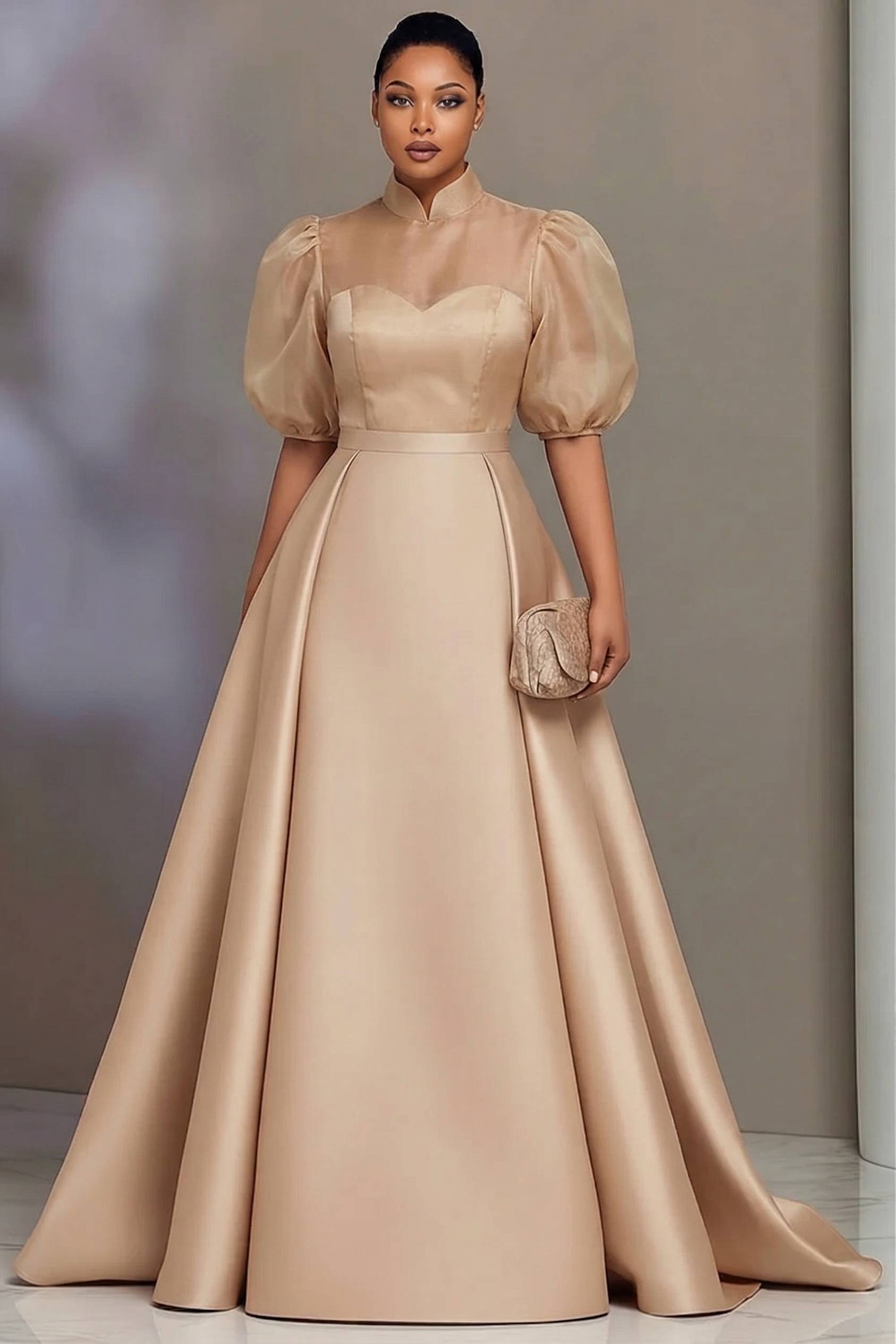 Women'S Formal Wear Wedding - プラスサイズ エレガント サテン プロムドレス レディース スタンドカラー
