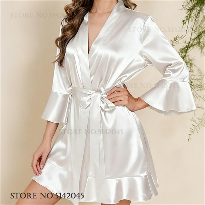 Women'S Formal Wear Wedding - シルクサテン白のウェディングローブドレスセクシーな花嫁パジャマ着物バスローブガウン夏の新しいナイトガウンホームウェアルーズランジェリー