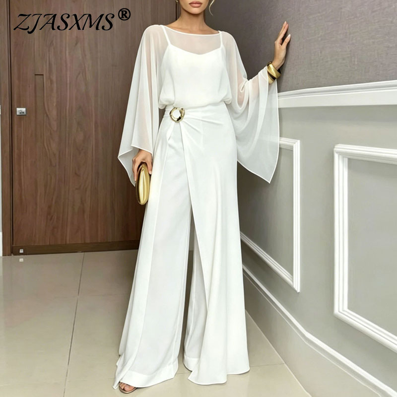 Formal Women'S Wear - 女性フォーマルジャンプスーツ 2 個セットシアーフレアスリーブハイウエストスプリットオーバーレイワイドプレイスーツスーツイブニングプロム結婚式ロンパース衣装