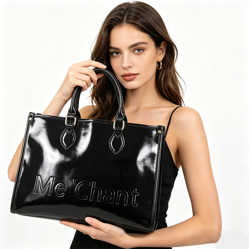 女性用黒光沢パテントPUレザートートバッグ、構造化トップハン - Shoulder Bag Structured のレビューと価格