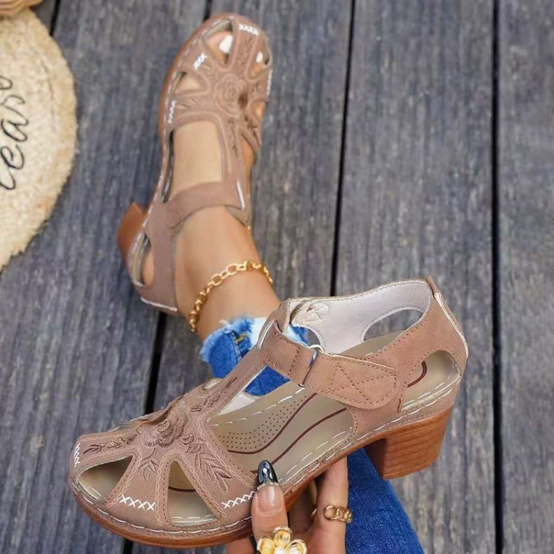 女性用サンダル ミッドブロックヒール 花柄刺繍 カットアウト - Formal Women Daily Wear Sandals のレビューと価格