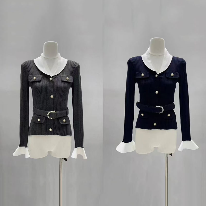 コントラストカラーのVネックフィットニットカーディガン、ウエ - Women'S Formal Wear Cardigan のレビューと価格