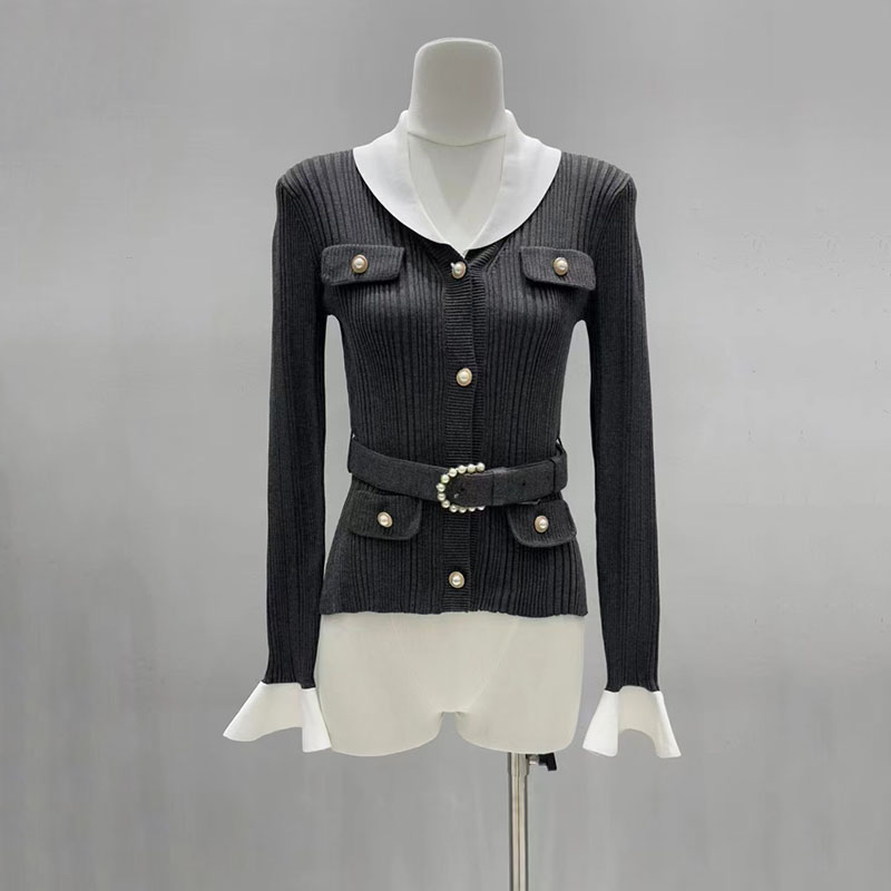 コントラストカラーのVネックフィットニットカーディガン、ウエ - Women'S Formal Wear Cardigan のレビューと価格