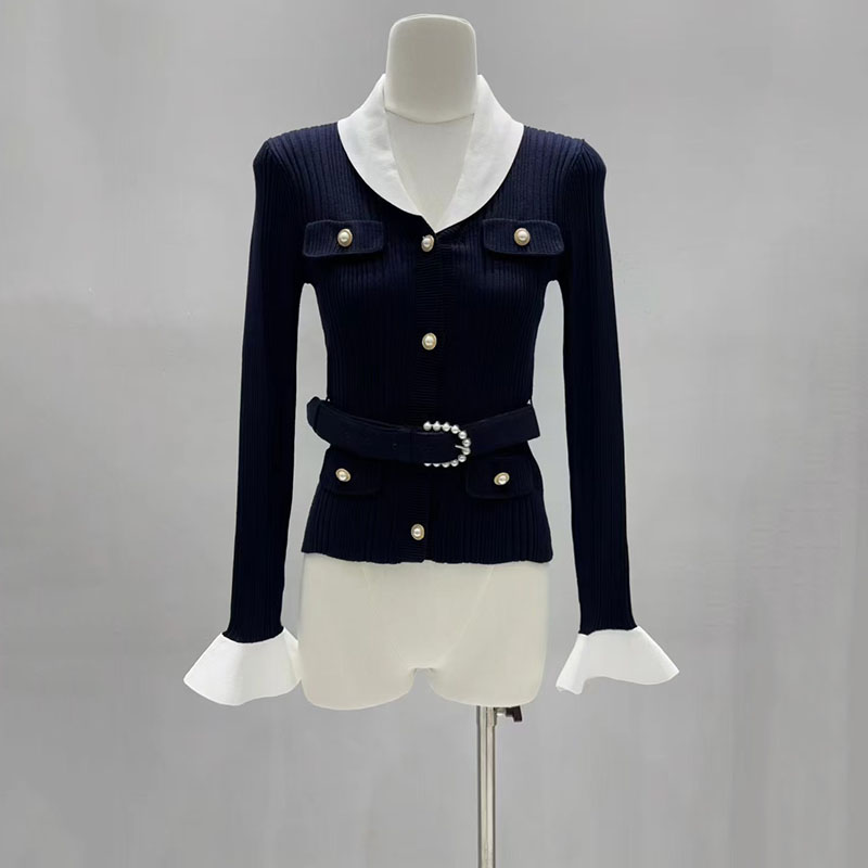 コントラストカラーのVネックフィットニットカーディガン、ウエ - Women'S Formal Wear Cardigan のレビューと価格