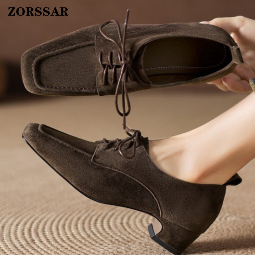 レディース ブラウン スエード スクエアトゥ レースアップ  - Formal Women Daily Wear Shoes のレビューと価格