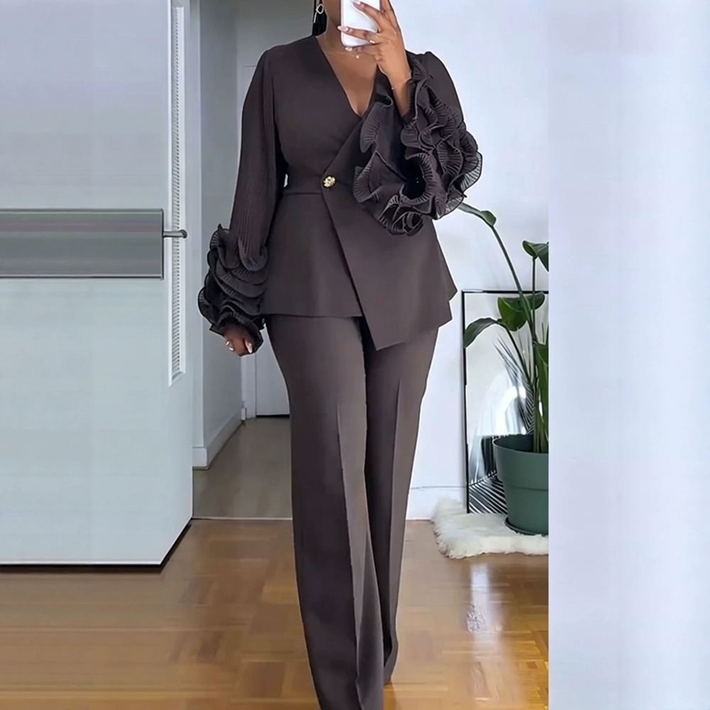レディース 2 ピース パンツ スーツ ディープ V フリル - Women'S Formal Wear Suits のレビューと価格