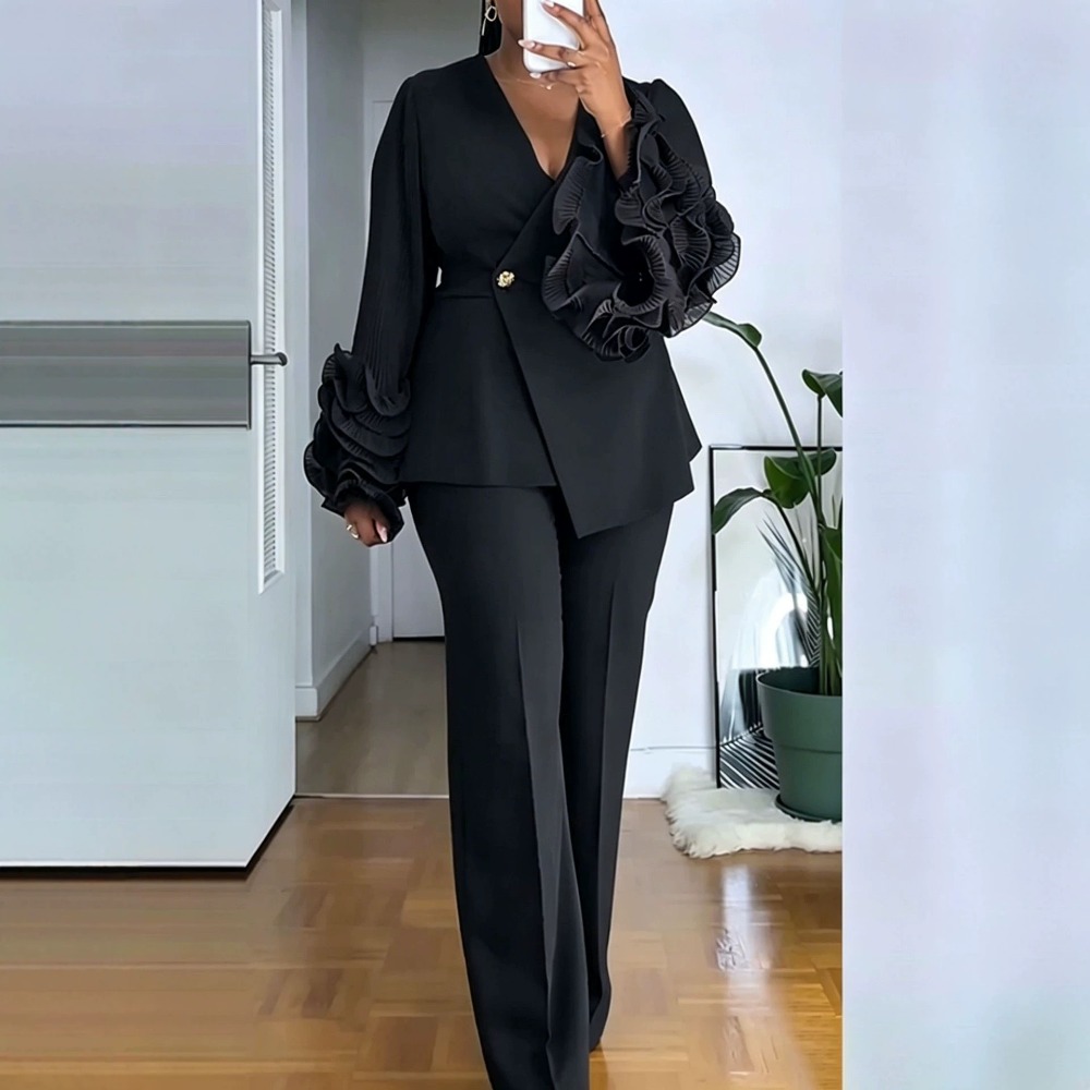 レディース 2 ピース パンツ スーツ ディープ V フリル - Women'S Formal Wear Suits のレビューと価格