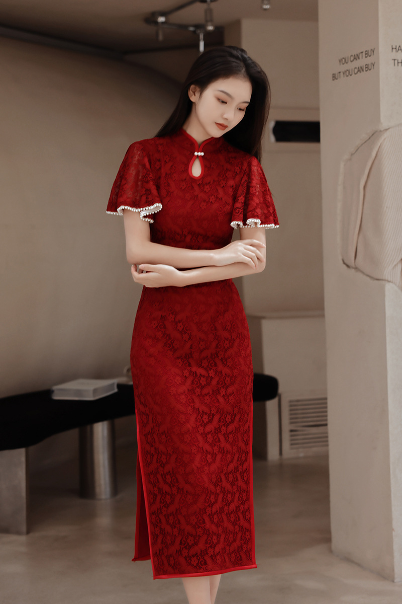 女性のための中国の赤いチャイナドレス、レースqiPao、長い - Women'S Formal Wear Wedding のレビューと価格