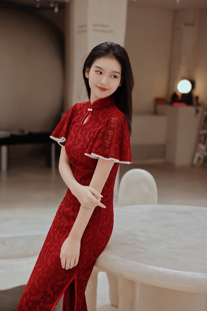 女性のための中国の赤いチャイナドレス、レースqiPao、長い - Women'S Formal Wear Wedding のレビューと価格
