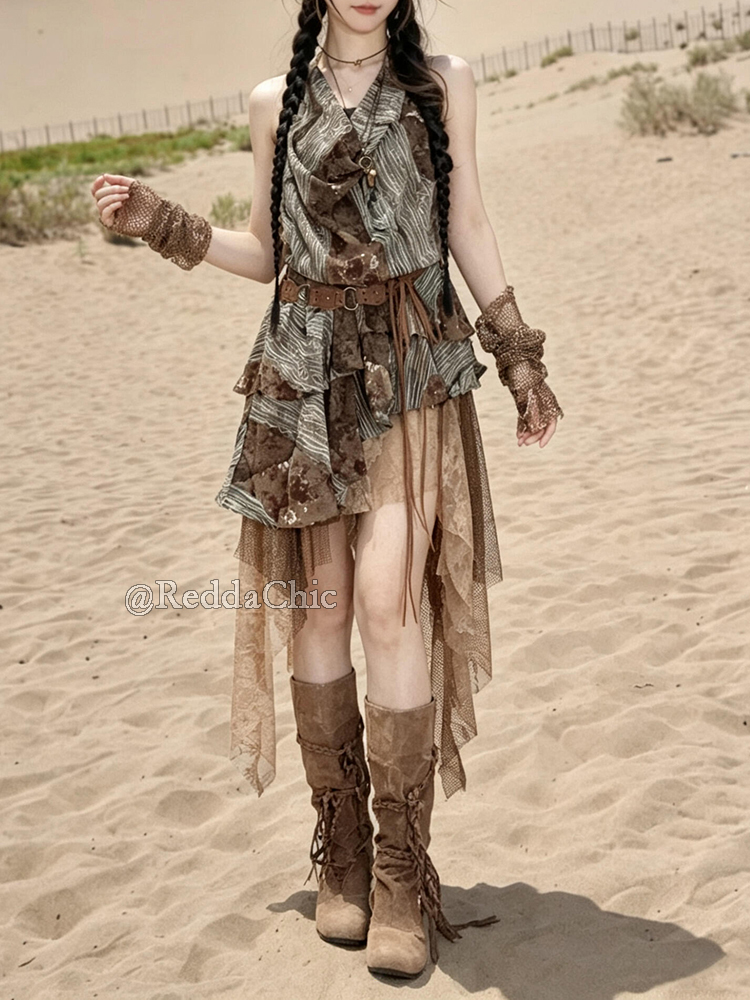 ReddaChic レトロボヘミアン不規則なドレスセットカウ - Shift Dress Sleeveless のレビューと価格